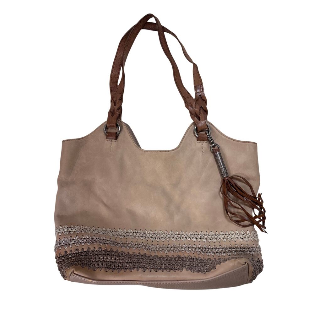 The Sak Leather Tote Bag Sierra Shopper Crochet Truffle Tassel Shoulder Bag
